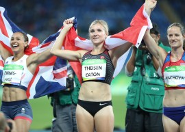 Brianne Theisen-Eaton celebrates after heptathlon