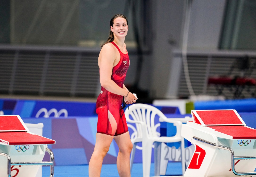 Penny Oleksiak reacts with a smile