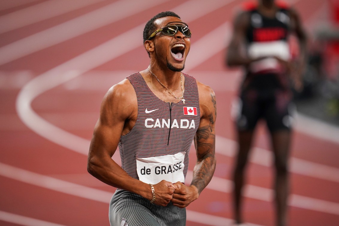 Andre De Grasse celebrates 200-metre victory