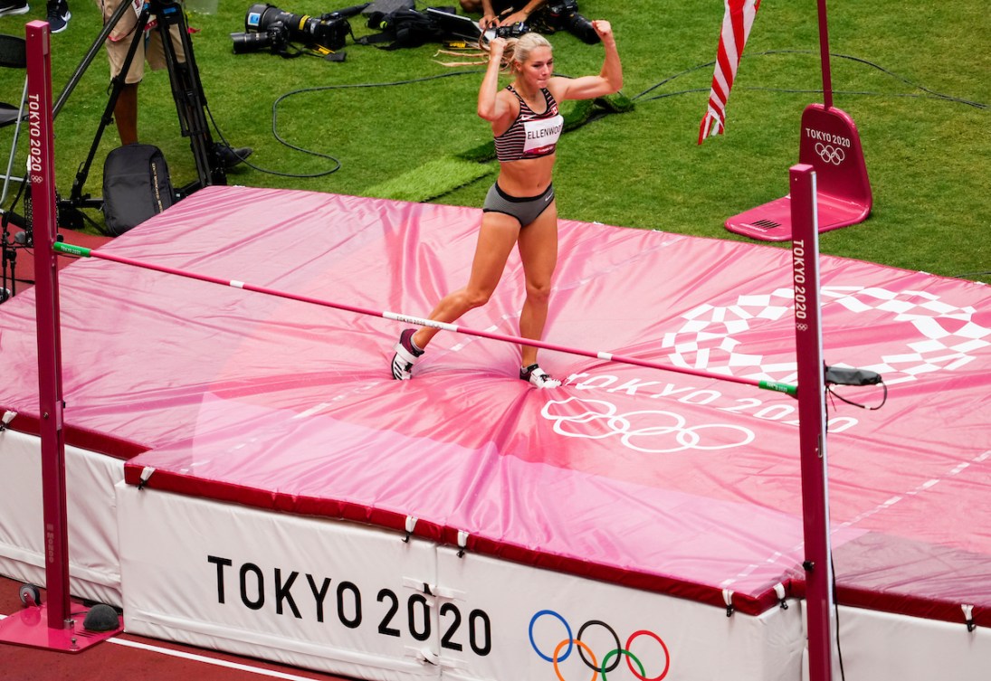 Georgia Ellenwood celebrates clearing the high jump bar in the heptathlon.