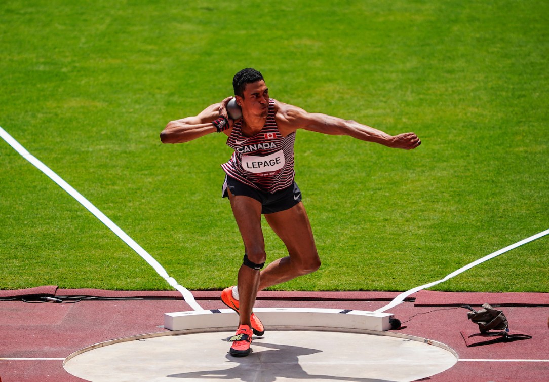 Pierce LePage competes in the decathlon shot put competition.
