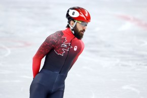 Charles Hamelin on the ice in his speed skating gear