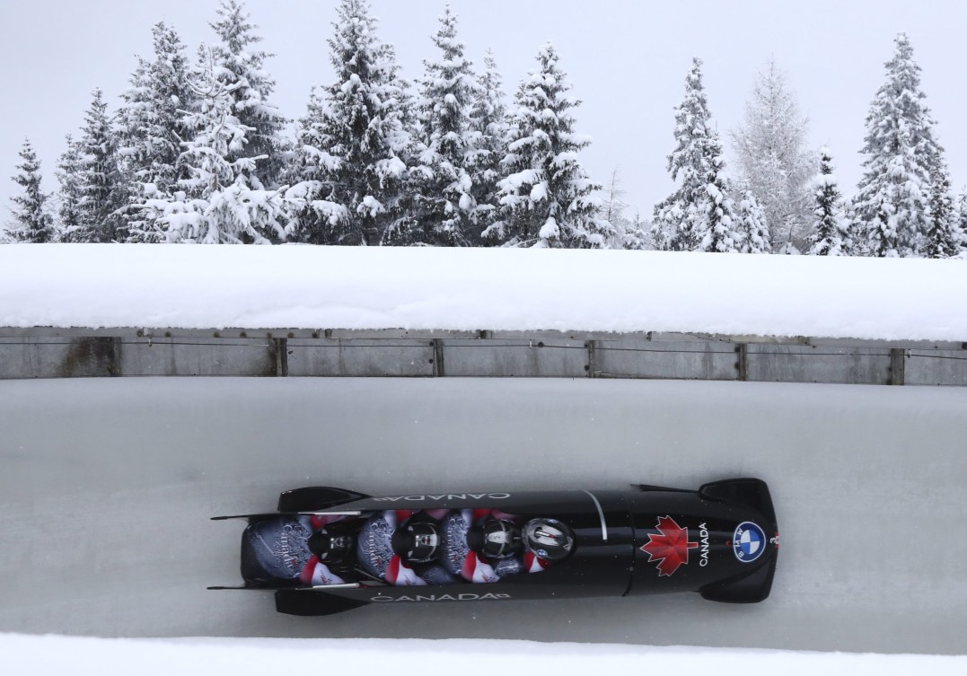 Four-man sled goes through a curve of a track with trees in the background 