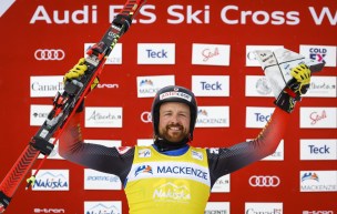 Canada's Kris Mahler ski celebrates his victory in the men's final at the World Cup ski cross event at Nakiska Ski Resort in Kananaskis, Alta., Saturday, Jan. 15, 2022.THE CANADIAN PRESS/Jeff McIntosh
