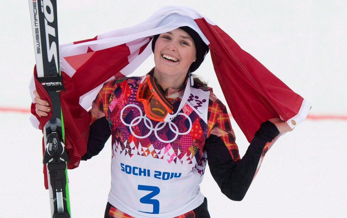 Canada's gold medallist Marielle Thompson celebrates her win following the women's ski cross final at the Sochi Winter Olympics in Krasnaya Polyana, Russia, Friday, Feb. 21, 2014. Thompson capped her dream season in style Sunday by winning her second career Crystal Globe.Thompson, who won Olympic gold last month at the Sochi Games, edged Fanny Smith of Switzerland to win the final World Cup of the season Sunday and the overall title.