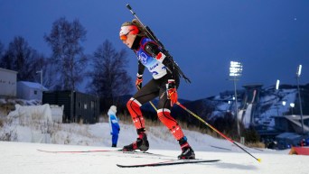 Emily Dickson skis during a biathlon race