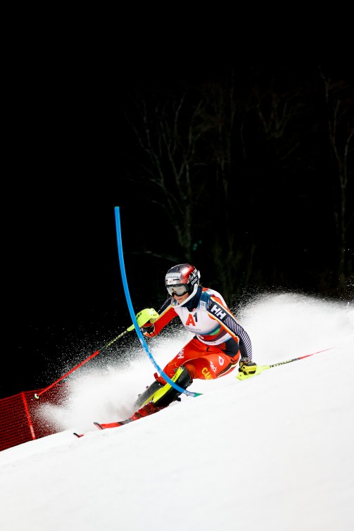 Canada's Ali Nullmeyer speeds down the course during the first run of an alpine ski women's World Cup slalom, in Schladming, Austria, Tuesday, Jan. 11, 2022.