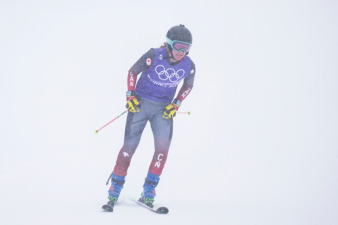 Brittany Phelan after crossing the finish line in a ski cross race