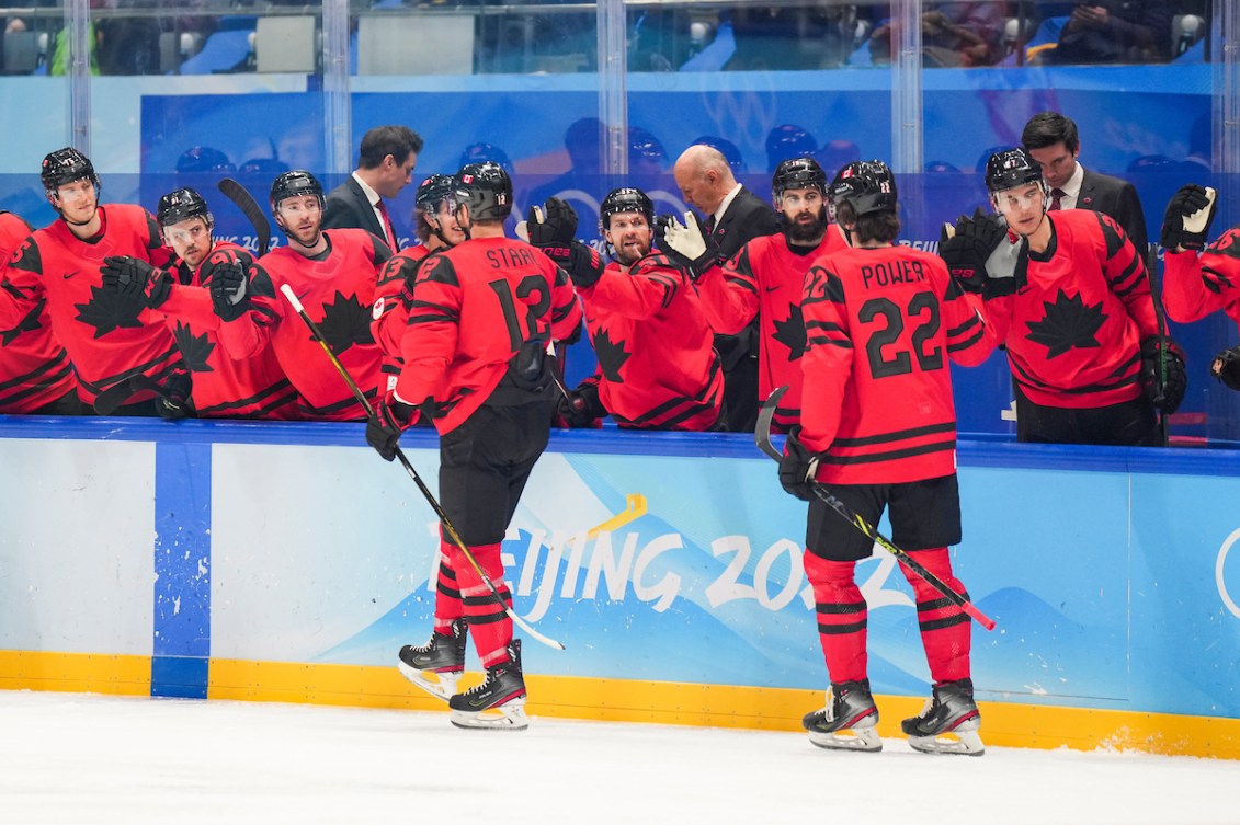 Eric Staal #12 of Team Canada celebrates his goal against the United States