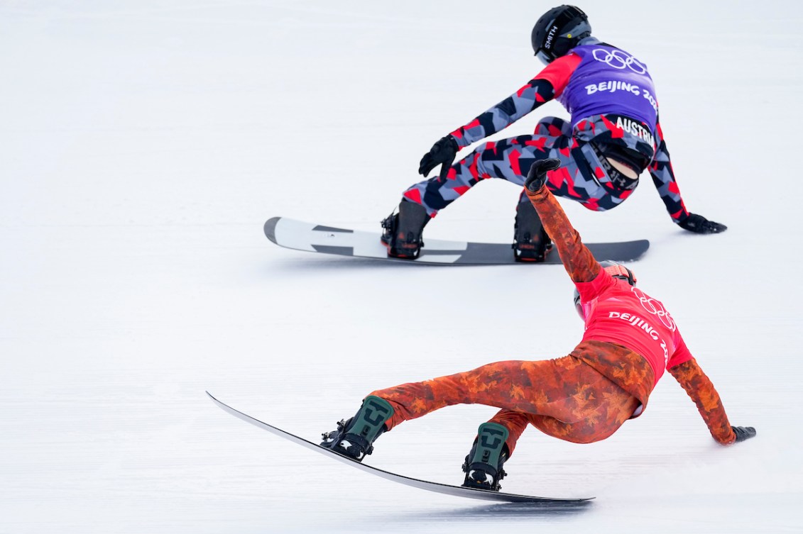 Eliot Grondin and Australia's snowboarder cross the finish line milliseconds apart