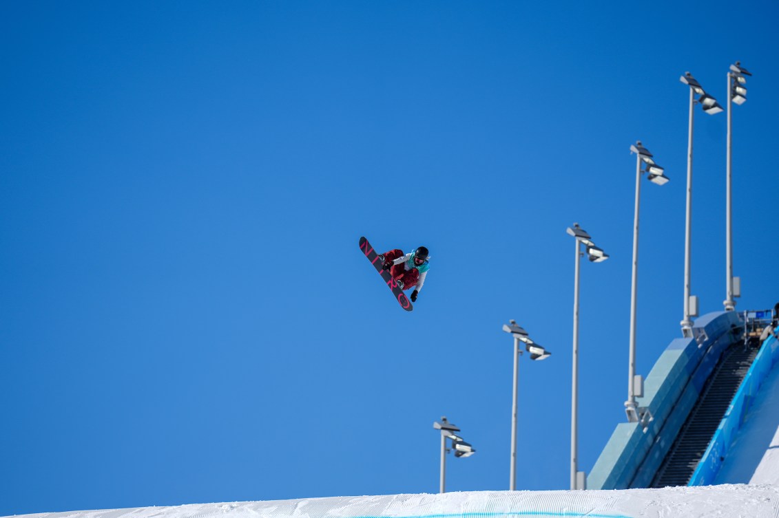 Laurie Blouin performs a snowboard big air trick