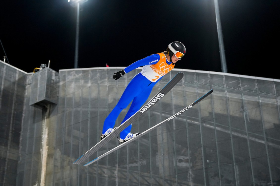 Team Canada ski jumper Abigail Strate competes in the mixed team event during the Beijing 2022 Olympic Winter Games on Monday, February 07, 2022. Photo by Mark Blinch/COC *MANDATORY CREDIT*