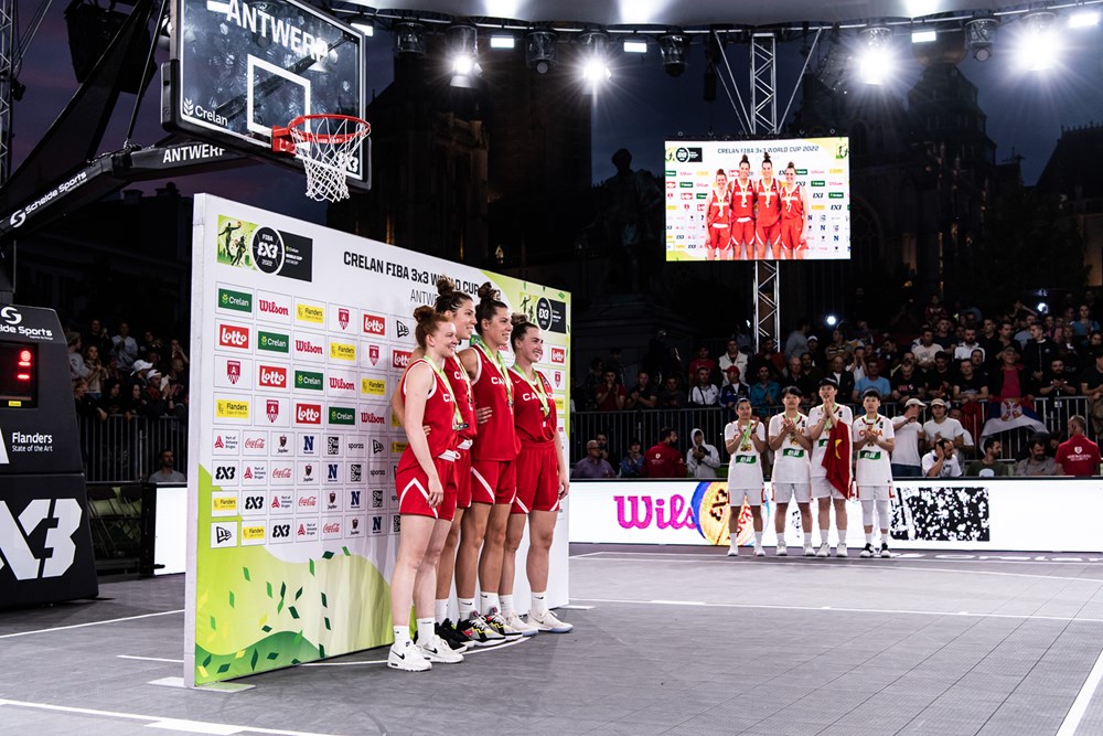 Team Canada's Kacie Bosch, Paige Crozon, Katherine Plouffe and Michelle Plouffe celebrate after winning silver at the FIBA 3X3 Basketball World Cup 2022 (Photo: FIBA)