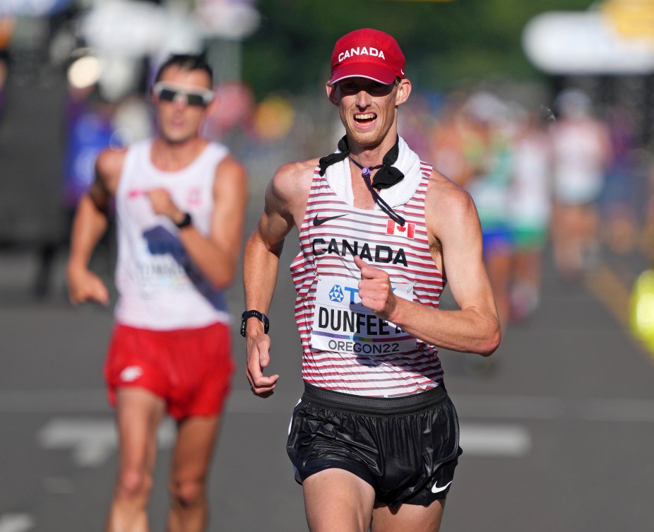 Evan Dunfee competes in a race walk 