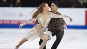 Canada's Marjorie Lajoie and Zachary Lagha perform their free dance during the ice dance competition at Skate Canada International in Mississauga, Ont., on Saturday, October 29, 2022. THE CANADIAN PRESS/Paul Chiasson