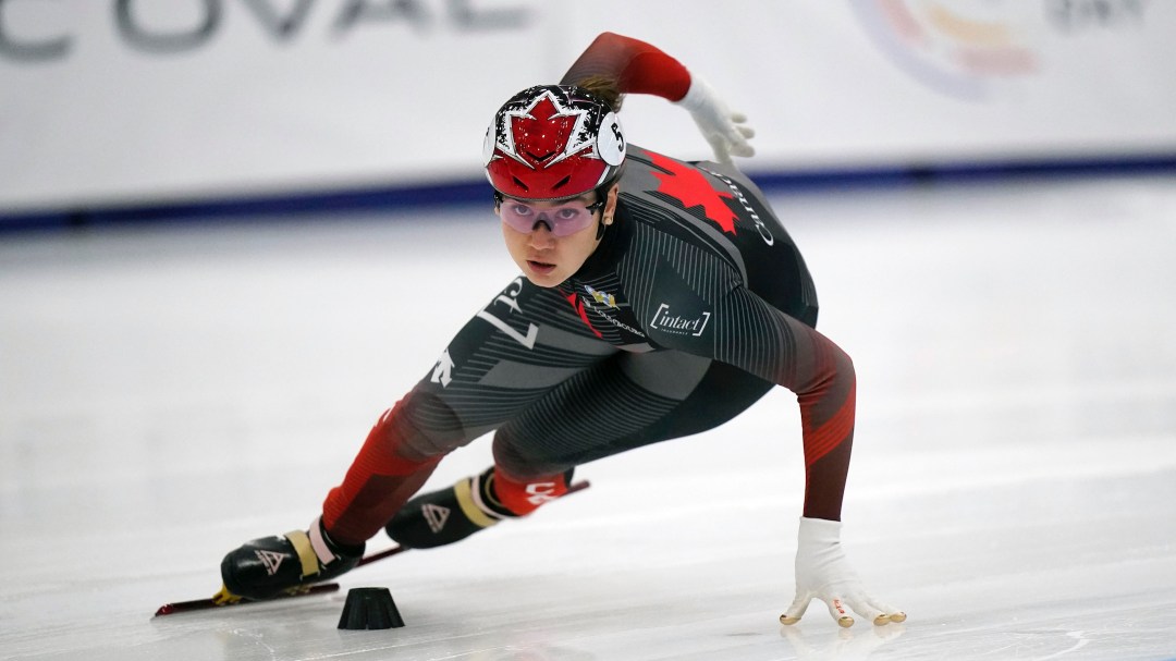 Courtney Sarault, of Canada, competes during the women's 1500 quarterfinals at a World Cup short track speedskating event at the Utah Olympic Oval, Friday, Nov. 4, 2022, in Kearns, Utah. (AP Photo/Rick Bowmer)
