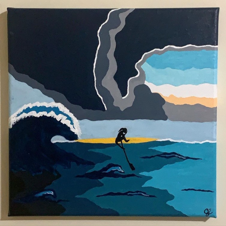 A piece of art showing a rower being followed by a giant wave