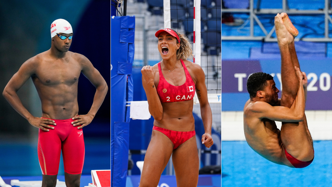 Three way split screen of Joshua Liendo standing on the pool deck, Brandie Wilkerson pumping her fist and Cedric Fofana in a pike position dive