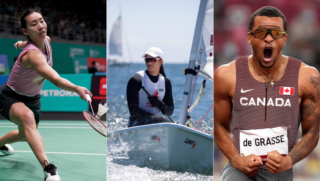 Three way split screen of Michelle Li playing badminton, Sarah Douglas in her sailboat, and Andre De Grasse screaming in joy