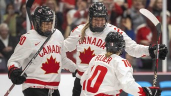 Sarah Fillier celebrates a goal against Switzerland at the 2023 IIHF Women's World Championship.