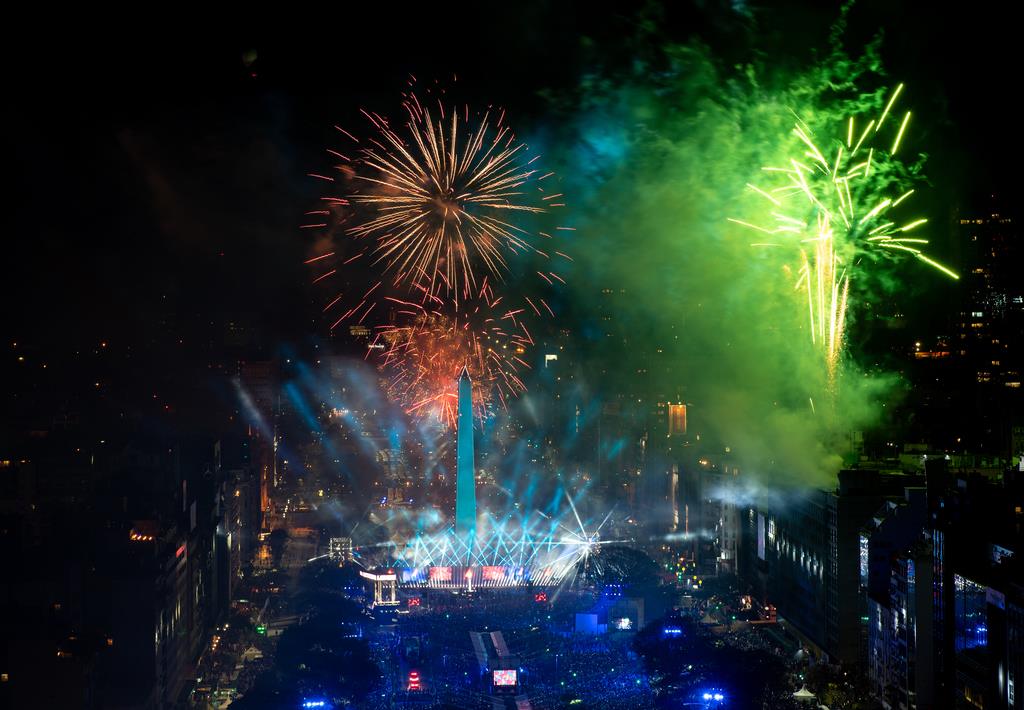 A large crowd gathers and watches fireworks at the Opening Ceremony at the 2018 Youth Olympic Games in Buenos Aires Argentina