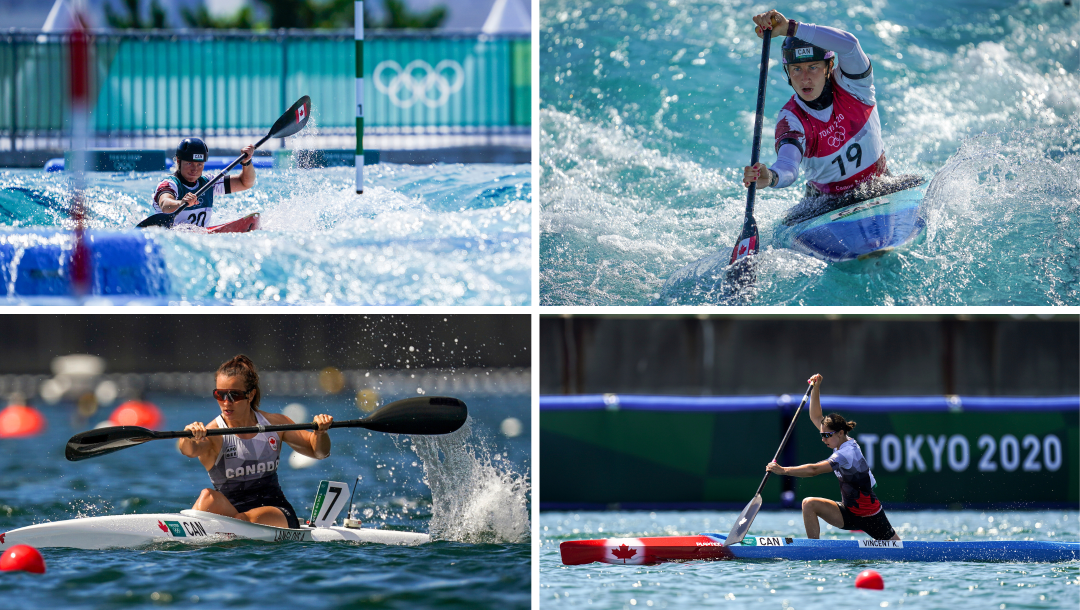 Four-way split screen showing slalom canoe and kayak boats and sprint canoe and kayak boats