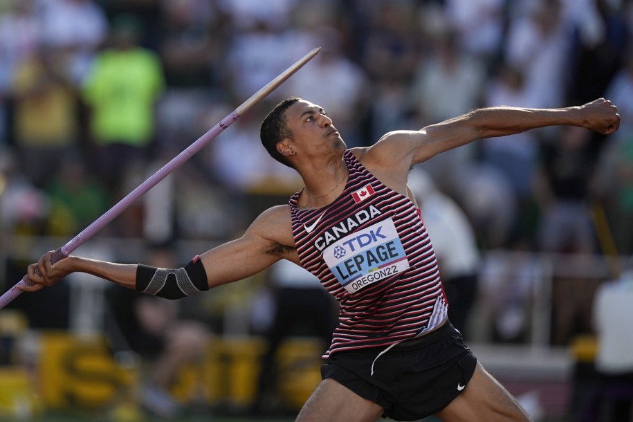 Pierce LePage throws a javelin