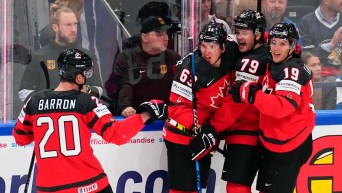 Team Canada celebrates a goal against Germany in the gold medal game of the 2023 IIHF World Championship.