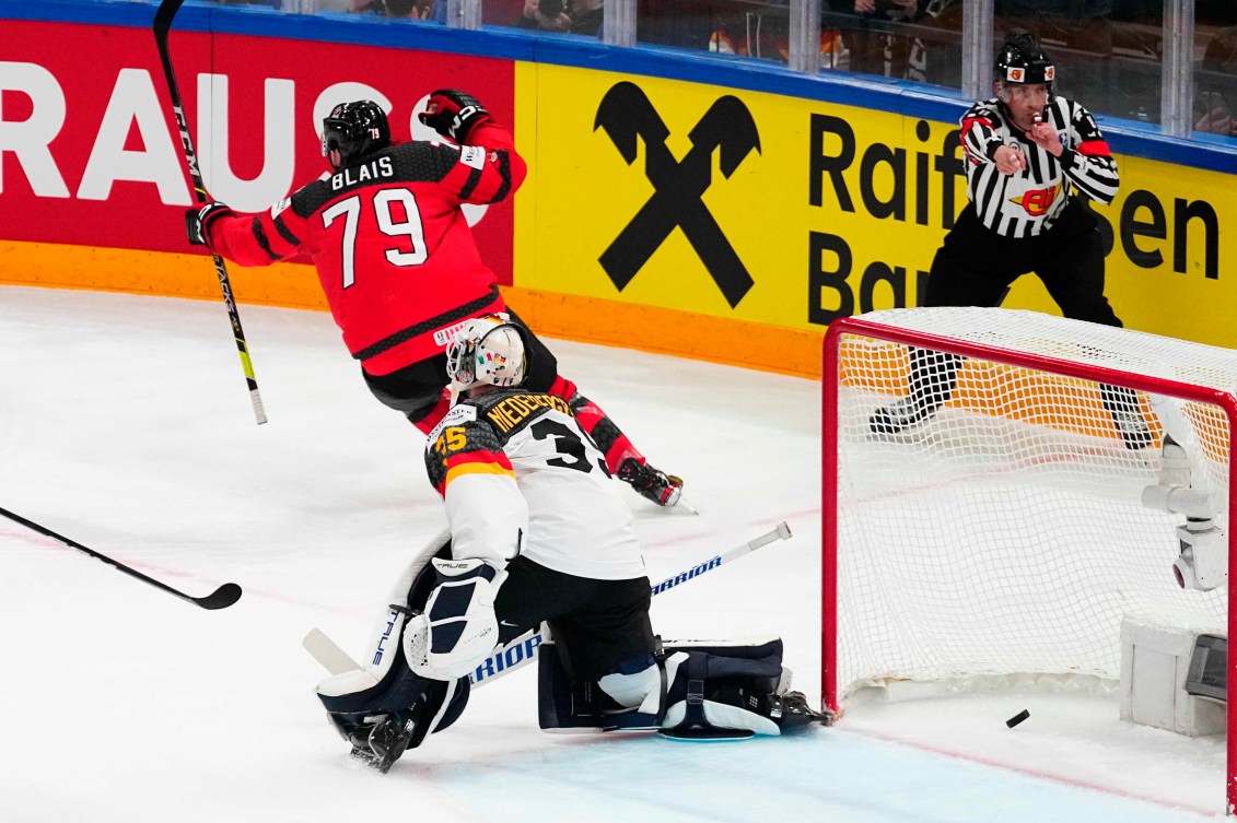 Sammy Blais scores against Germany in the gold medal game of the 2023 IIHF World Championship.