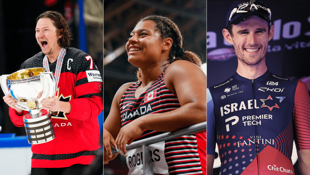 Split screen image of a Canadian hockey player holding the world championship trophy, Camryn Rogers smiling as she leans on a railing, and Derek Gee smiling on the podium