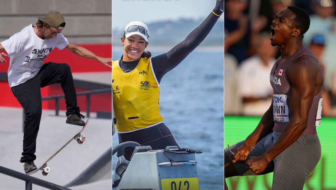 Split screen of Ryan Decenzo on a skateboard, Sarah Douglas on a sailboat and Aaron Brown yelling in joy