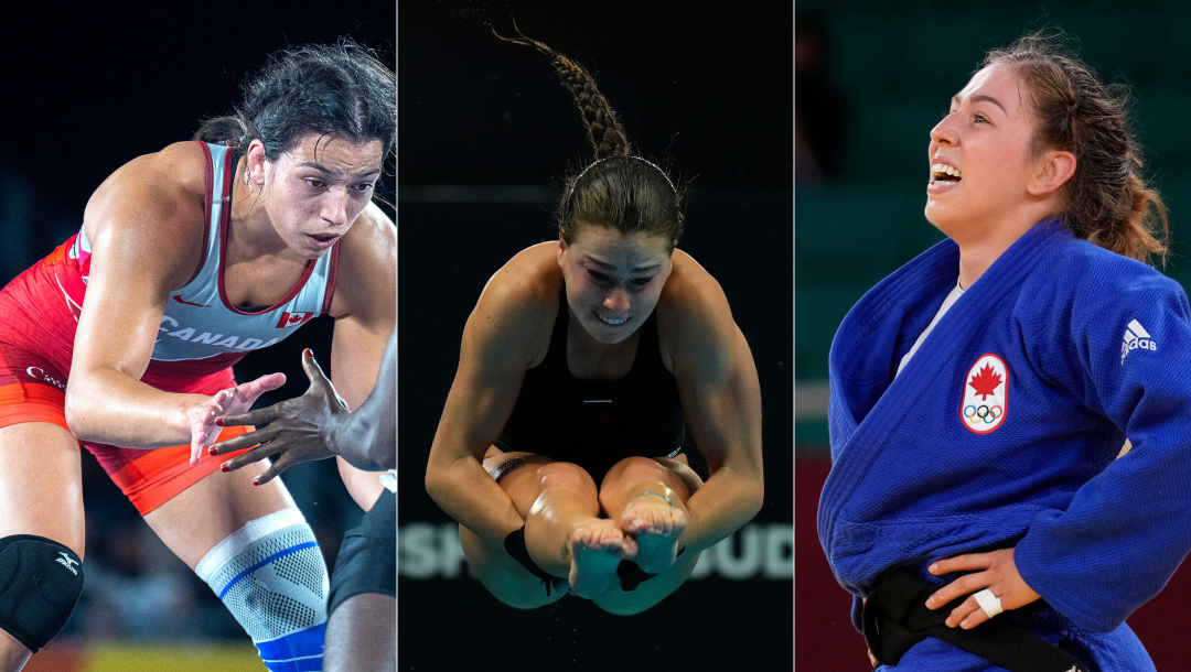 Split screen image of wrestler Justina Di Stasio, diver Mia Vallee and judoka Catherine Beauchemin-Pinard