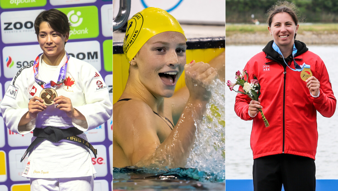 Split screen image of Christa Deguchi wearing a gold medal, Summer McIntosh giving a fist pump, and Katie Vincent wearing a gold medal.