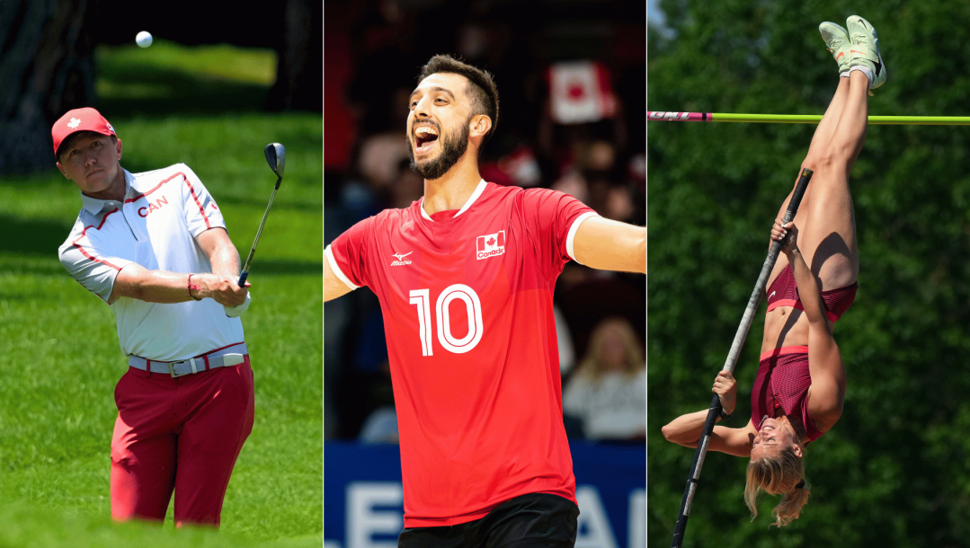 Split screen image of Mackenzie Hughes chipping a golf shot, a Canadian volleyball player celebrating with his arms out, and Alysha Newman upside down as she competes in pole vault