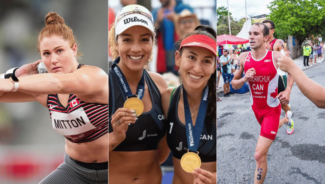 Split screen of Sarah Mitton throwing shot put, Brandie WIlkerson & Melissa Humana-Paredes wearing gold medals. and Tyler Mislawchuk running on the road