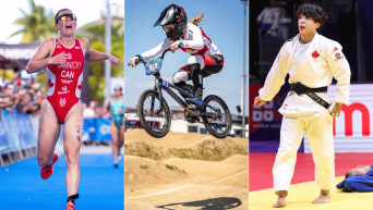 Split screen image of triathlete Dominika Jamnicky running across the finish line, BMX racer Molly Simpson riding her bike over a dirt bump, and judoka Christa Deguchi standing after a bout