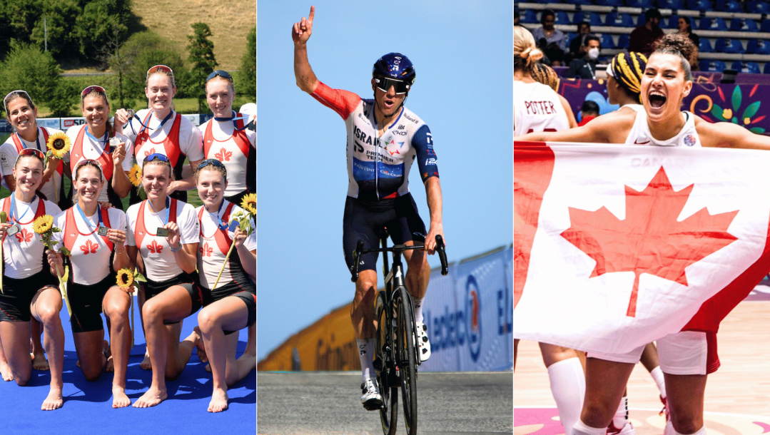 Split screen image of Canadian women's rowing eight crew posing with silver medals, Mike Woods raising his arm in celebration as he rides across finish line, Canadian basketball player holding a Canadian flag