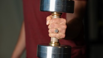 Team Canada Ski Cross Athlete Jared Schmidt uses a dumbbell outfitted with the antimicrobial copper in Team Canada’s training facility at The Canadian Sport Institute Calgary