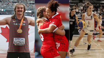 Split screen image of Ethan Katzberg posing with a Canadian flag, two rugby players hugging, and a basketball player dribbling the ball