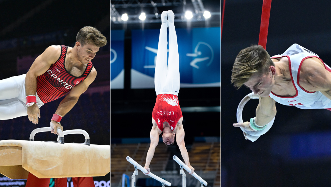 Three way split screen of William Emard on pommel horse, Rene Cournoyer on parallel bars and Felix Dolci on rings