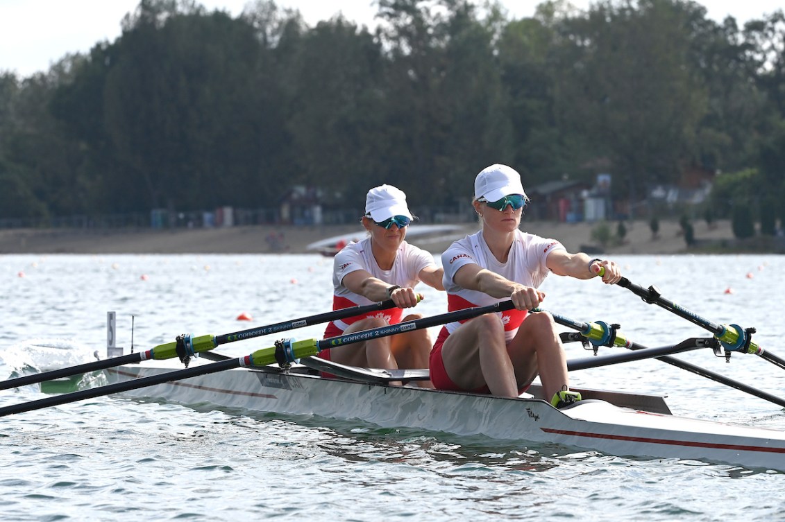 Jill Moffatt and Jenny Casson row their double sculls shell 