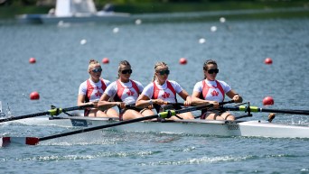 The women's quadruple sculls on the water at the Pan Am Games