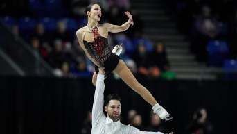 Deanna Stellato-Dudek and Maxime Deschamps, of Canada, perform their pairs free program during the Skate Canada International figure skating competition, in Vancouver, on Saturday, October 28, 2023. THE CANADIAN PRESS/Darryl Dyck