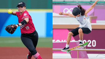Left, Canadian softball player throws ball, Right, Canadian skateboarder competes at Olympics