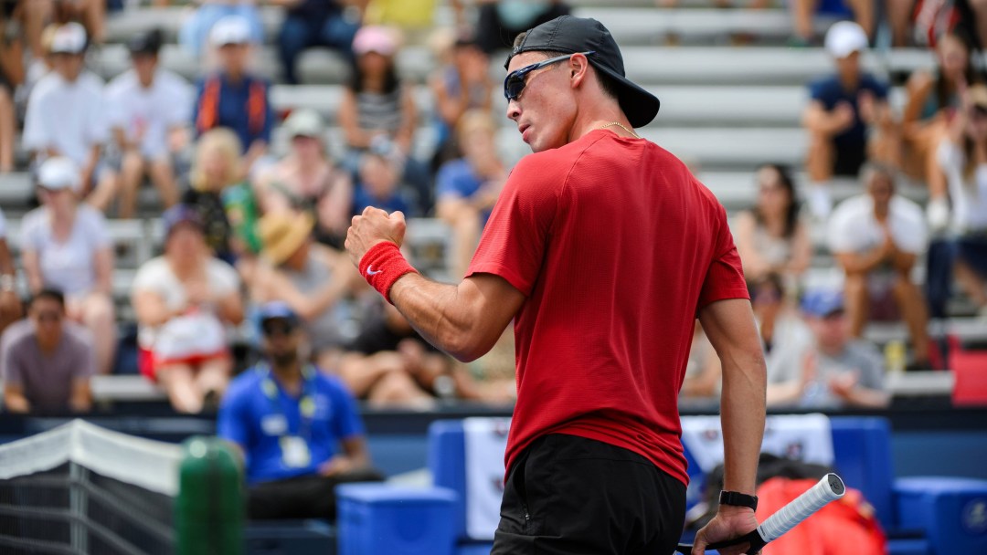 Canada's Justin Boulais celebrates during a tennis match against France's Corentin Moutet during a qualifying round at the National Bank Open in Toronto on Saturday, August 5, 2023.