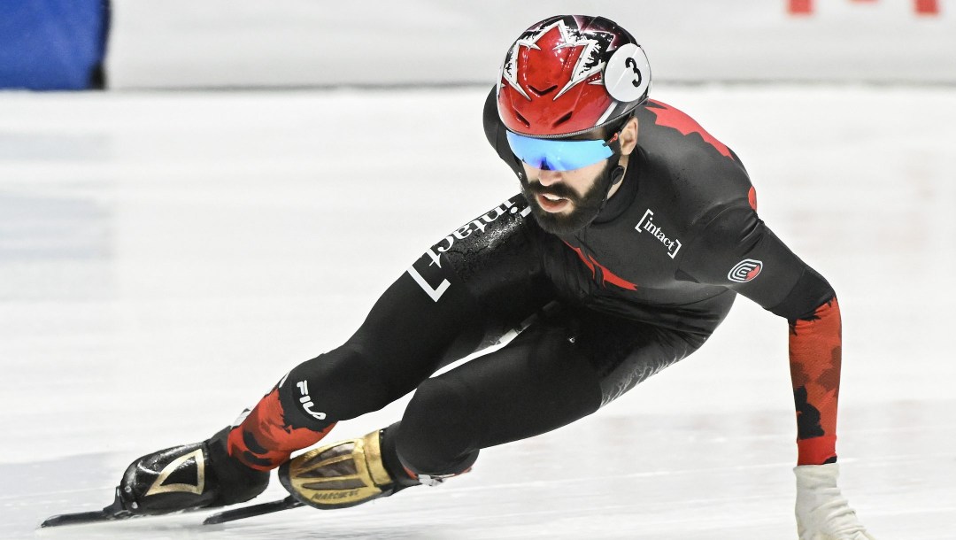 Steven Dubois of Canada skates during the 1500-metre semifinal race at the World Cup Short Track Speedskating event in Montreal, Sunday, Oct. 29, 2023. THE CANADIAN PRESS/Graham Hughes