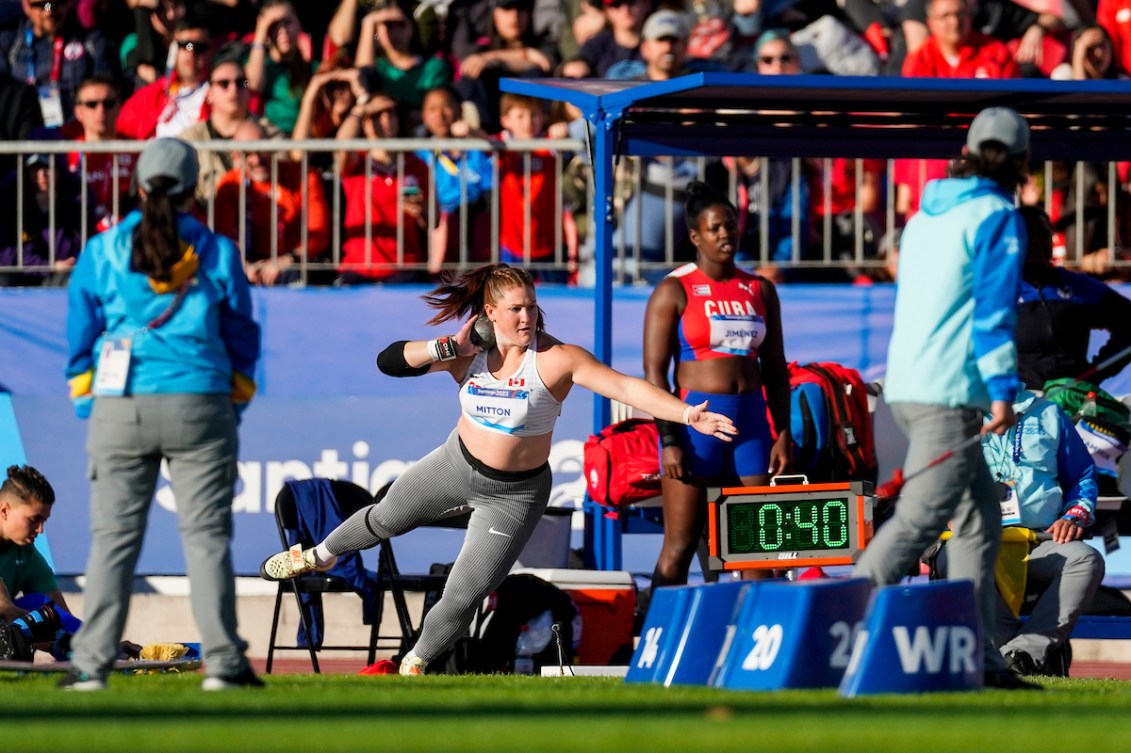 Sarah Mitton prepares to throw a shot put