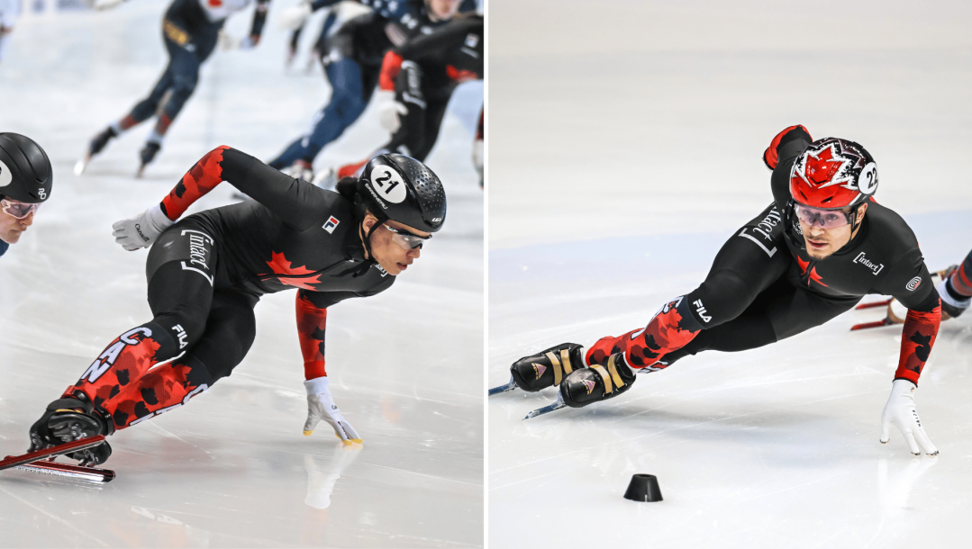 A split screen image of short track speed skaters Renee Steenge and Jordan Pierre-Gilles