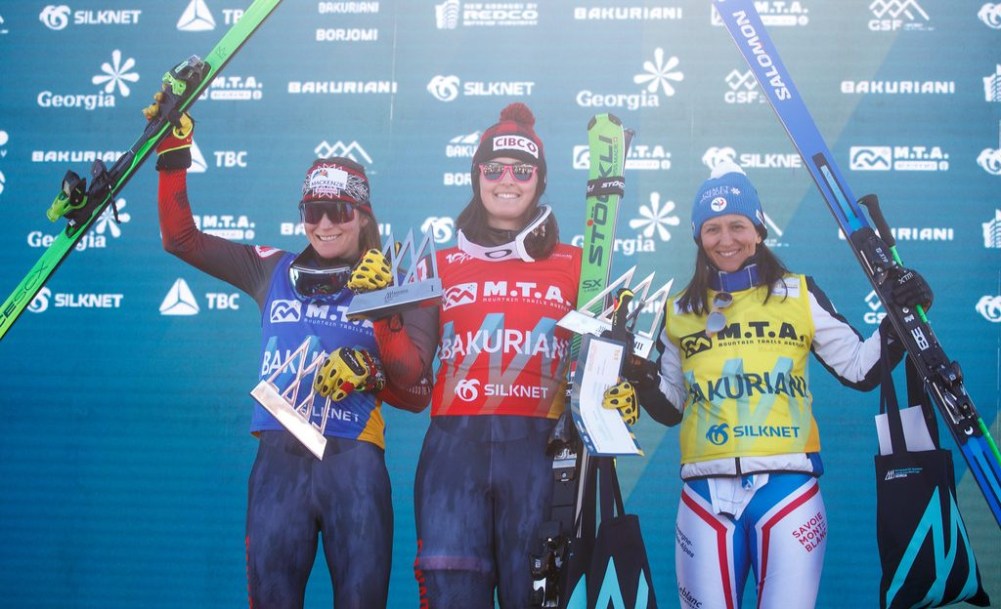 BAKURIANI,GEORGIA,10.FEB.24 - FREESTYLE SKIING - FIS World Cup, Ski Cross, ladies, men. Image shows the rejoicing of Brittany Phelan (CAN), Marielle Thompson (CAN) and Marielle Berger Sabbatel (FRA). Photo: GEPA pictures/ Matic Klansek