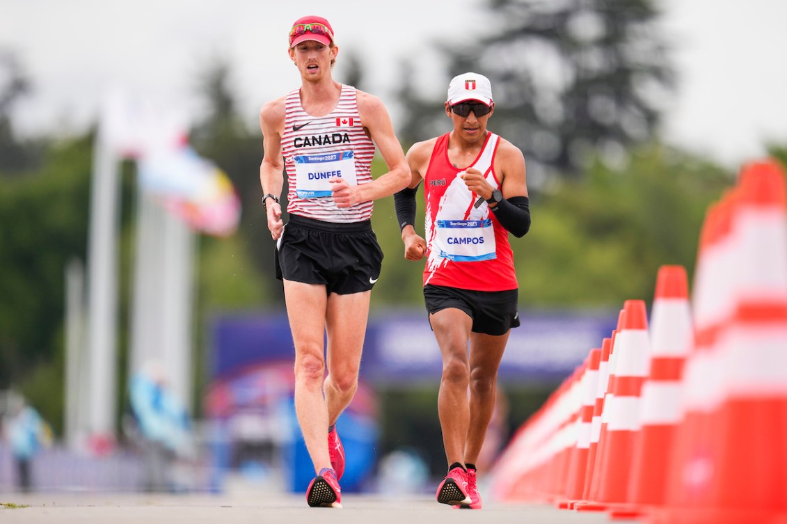 Evan Dunfee race walks during the Santiago 2023 Pan Am Games